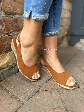 Tan Open Toe Canvas Wedge Sandals