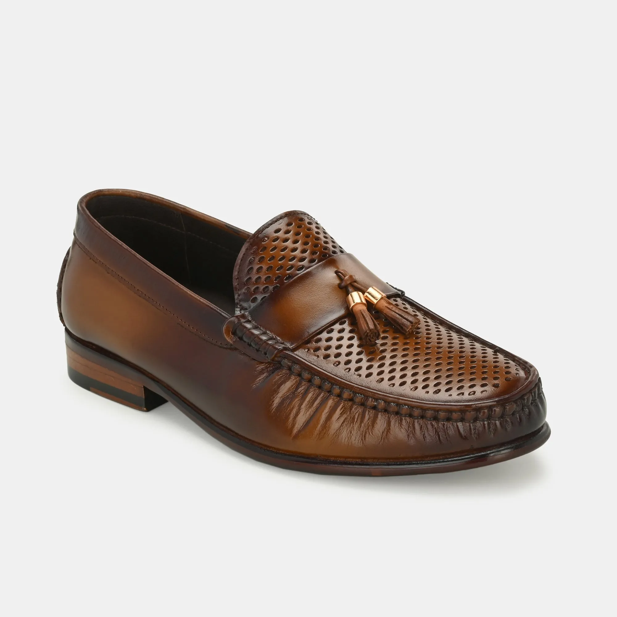 Tan Perforated Tassel Loafers by Lafattio