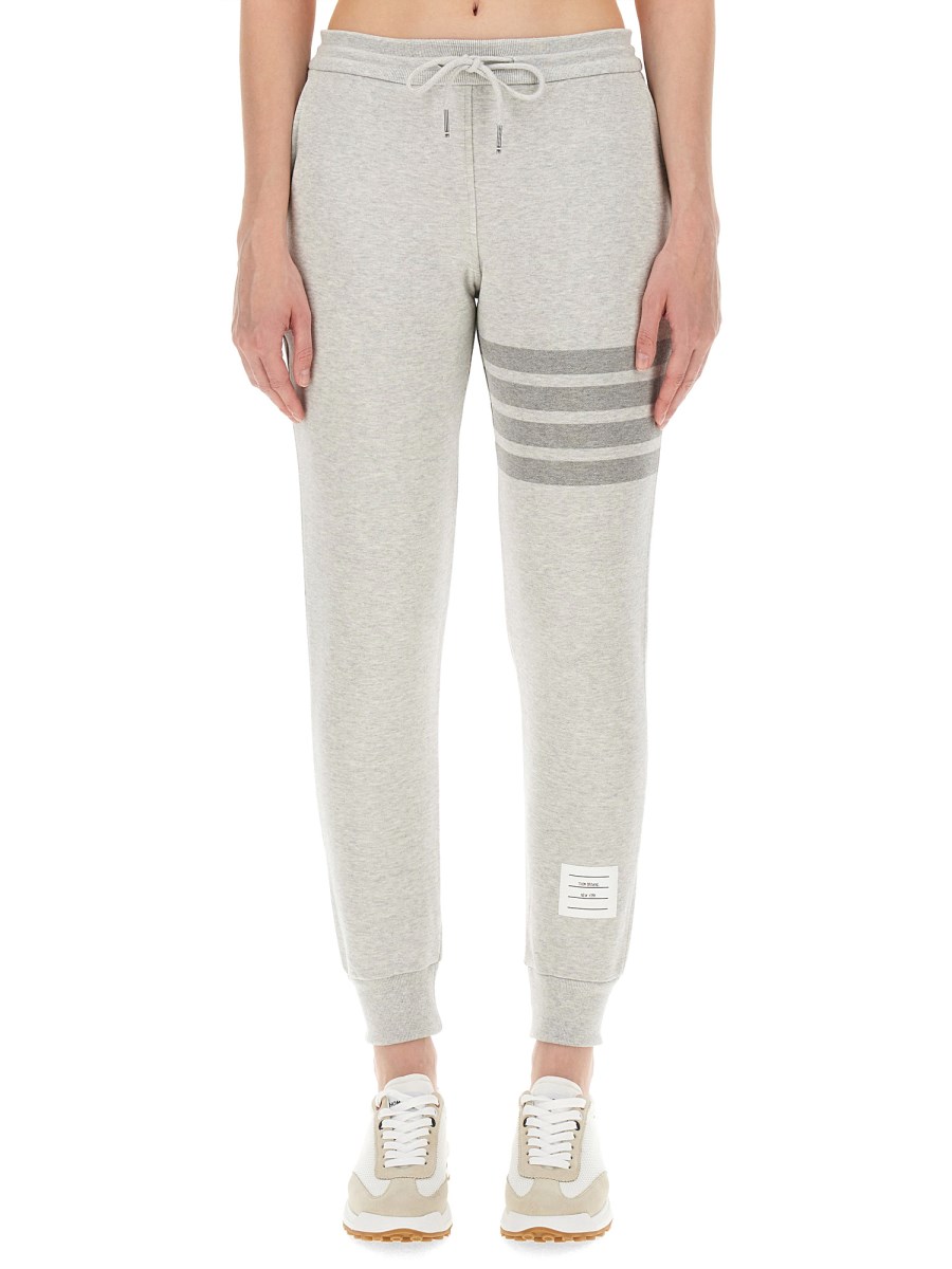 THOM BROWNE    COTTON FLEECE PANTS WITH STRIPED DETAIL