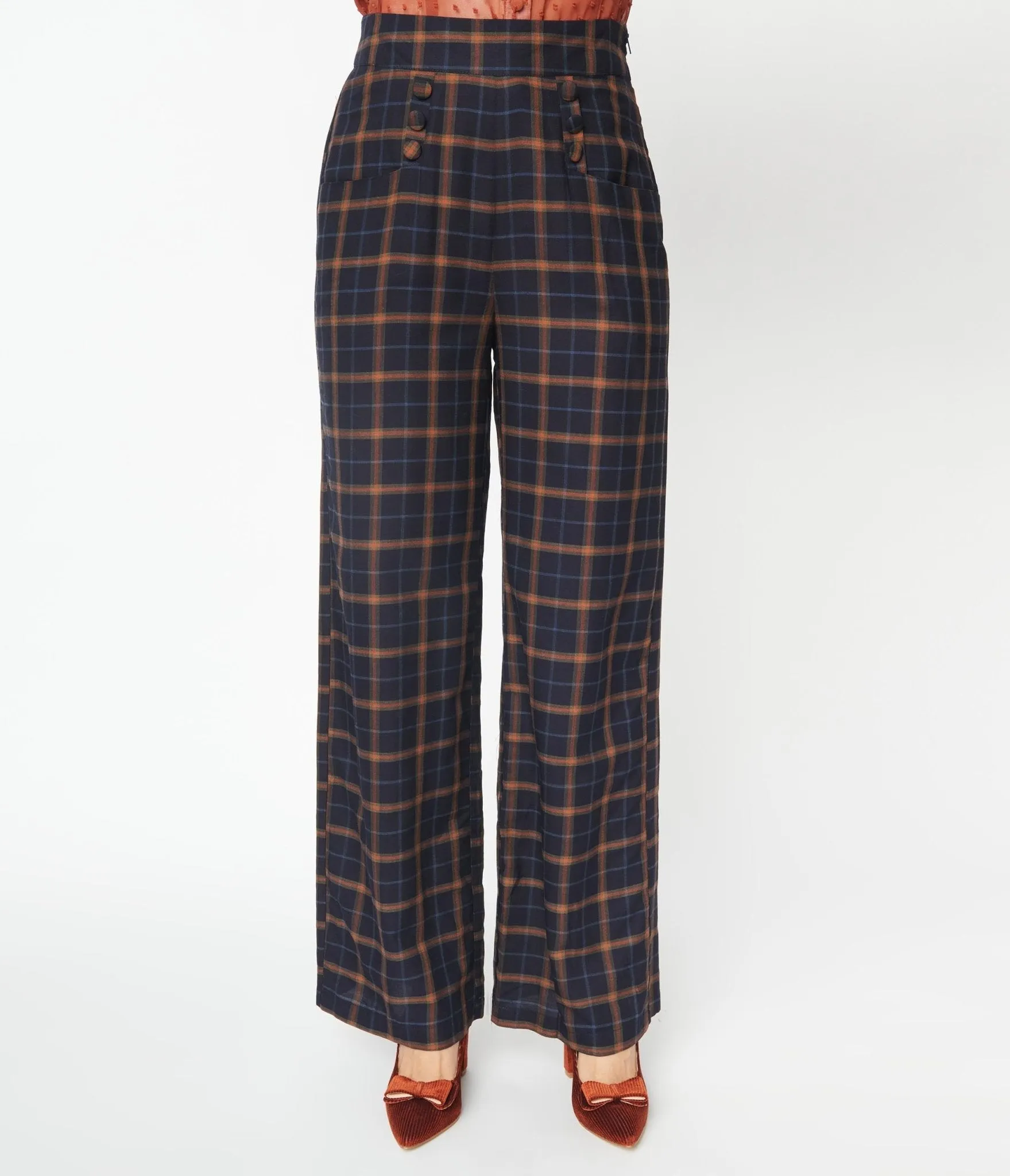 Unique Vintage 1940s Navy & Orange Plaid High Waist Sailor Ginger Pants