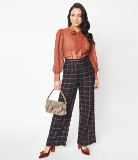 Unique Vintage 1940s Navy & Orange Plaid High Waist Sailor Ginger Pants