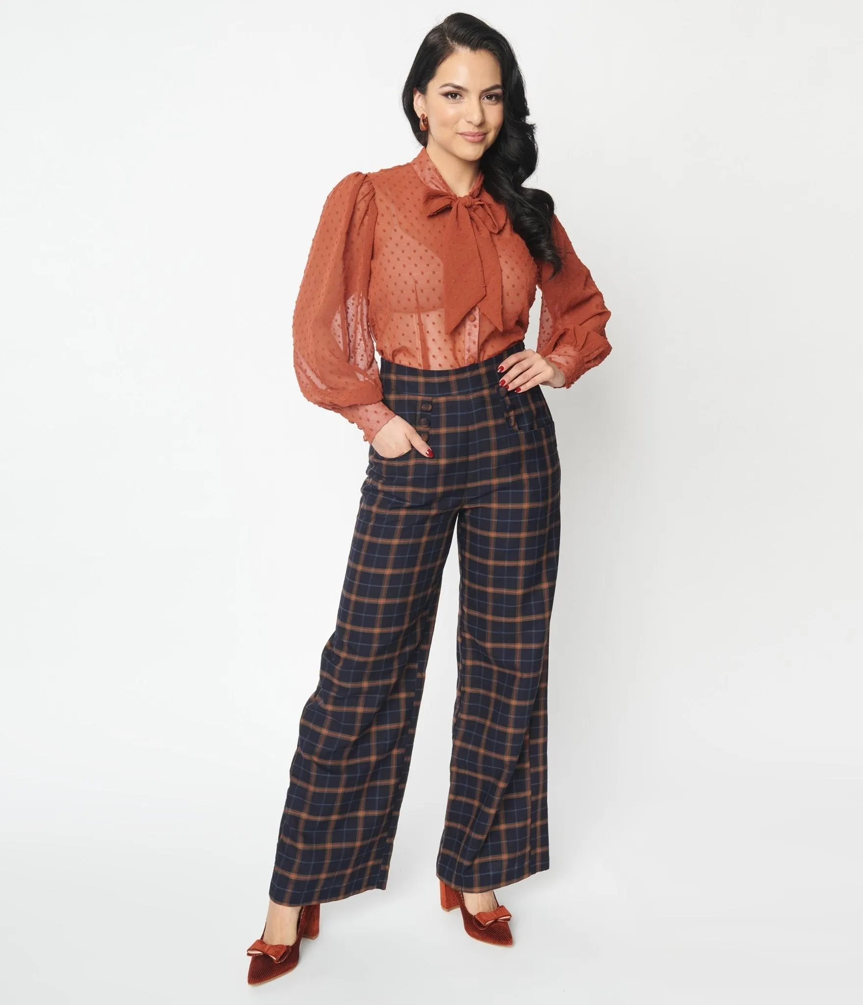 Unique Vintage 1940s Navy & Orange Plaid High Waist Sailor Ginger Pants