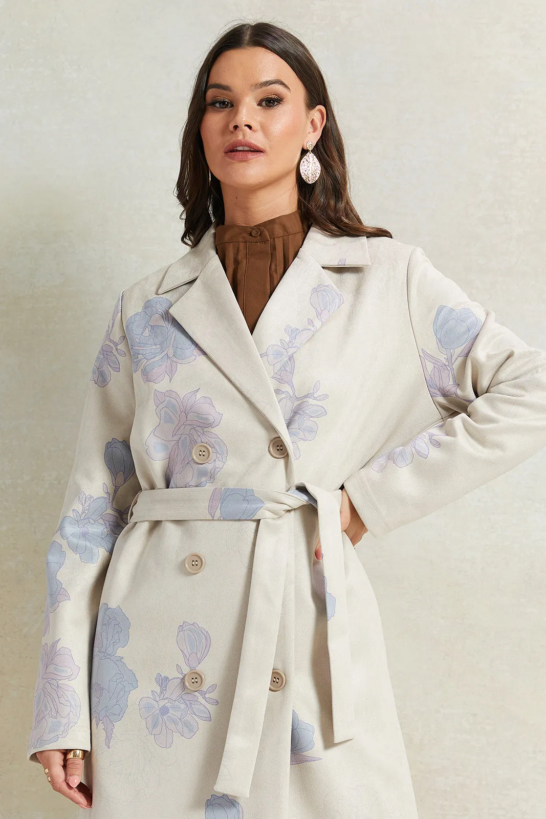 Women Beige Printed Belted Jacket