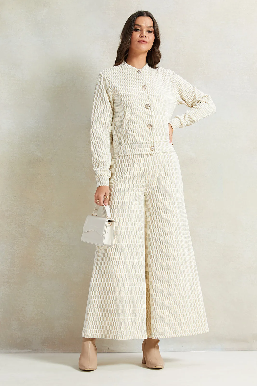 Women Cream Jacquard Long Sleeves Jacket