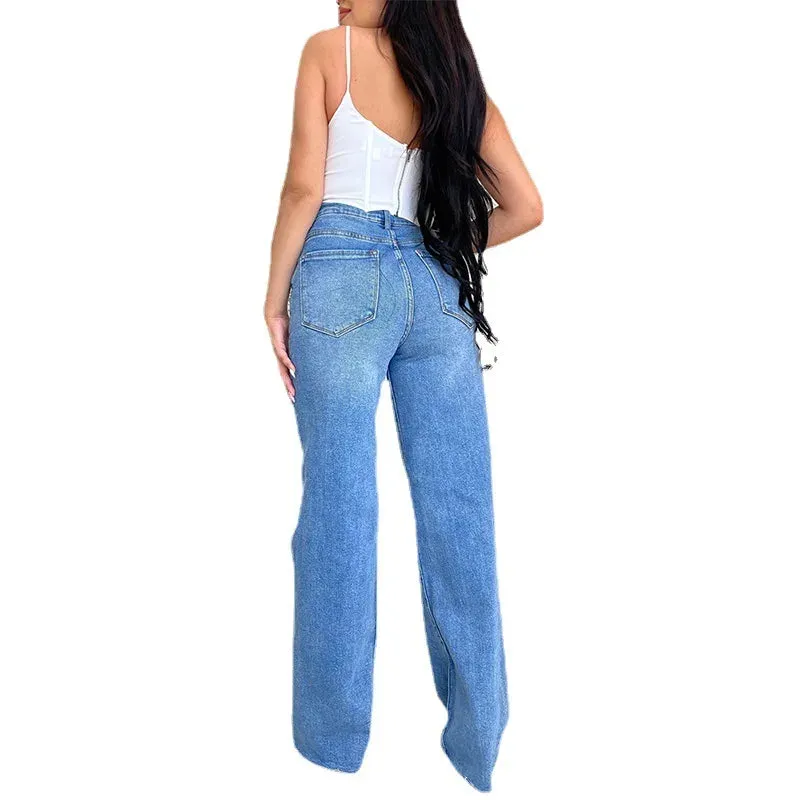 Women's Cotton High Waist Ripped Loose Casual Wide Leg Jean Pants