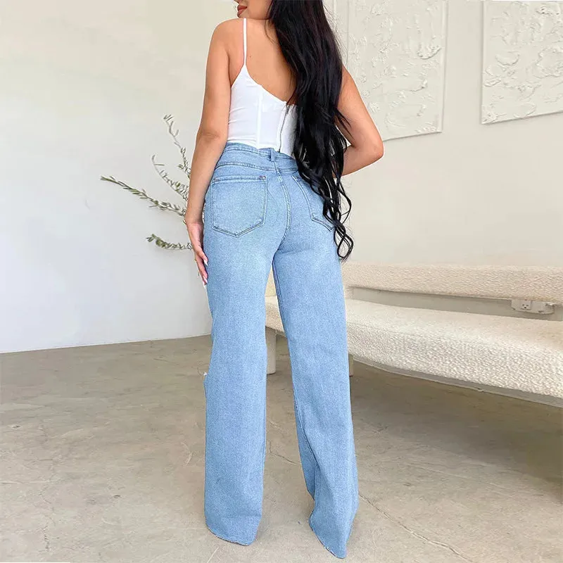 Women's Cotton High Waist Ripped Loose Casual Wide Leg Jean Pants