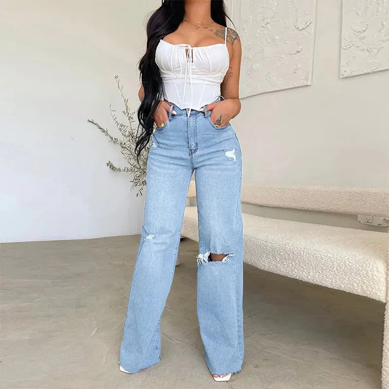 Women's Cotton High Waist Ripped Loose Casual Wide Leg Jean Pants